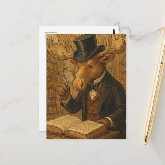 Carte Postale Une orignale dans une bibliothèque (Devant/Arrière en situation)