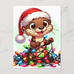 Carte Postale Une Otter de Noël festive enveloppée de lumières