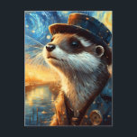 Carte Postale Une Otter Steampunk dans la nuit étoilée<br><div class="desc">L'IA a produit de l'art d'une loutre dans une ville nocturne étoilée le long d'une rivière portant un casquette et un costume à vapeur</div>