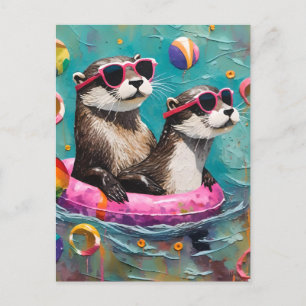 Carte Postale Une paire de Otter en vacances dans une bague flot
