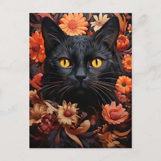 Carte Postale Une petite illustration de chat noir avec fleurs (Devant)