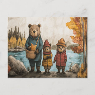 Carte Postale Une promenade d'automne avec la famille ours au bo