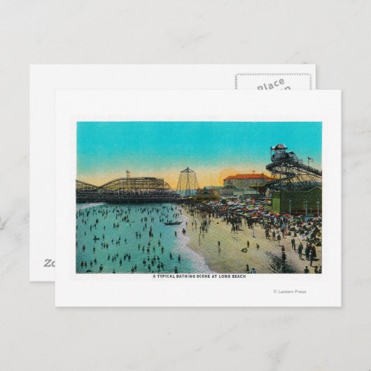 Carte Postale Une scène de baignade typique à Long Beach (Devant / Derrière)