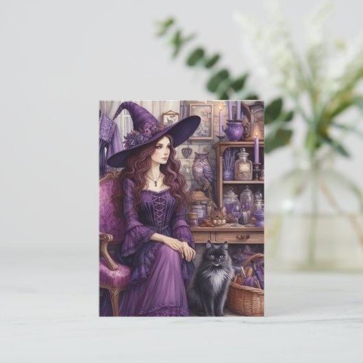 Carte Postale Une sorcière et son beau chat (Debout devant)
