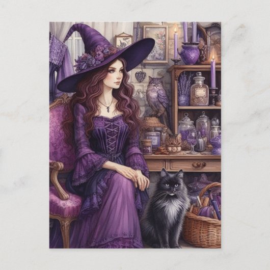 Carte Postale Une sorcière et son beau chat (Devant)