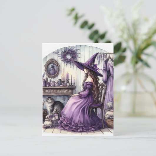 Carte Postale Une sorcière et son chat (Debout devant)