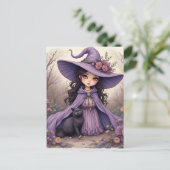 Carte Postale Une sorcière et son chat noir (Debout devant)