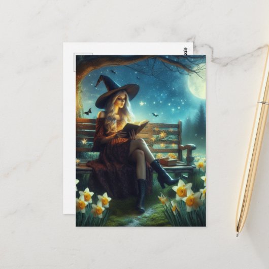 Carte Postale Une sorcière près des jonquilles de nuit (Devant/Arrière en situation)