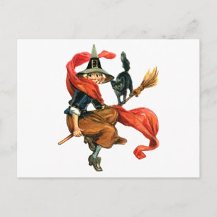 Carte Postale Une sorcière vole sur sa chambre avec son chat noi