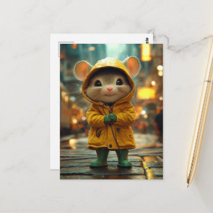 Carte Postale Une souris adorable dans un imperméable jaune