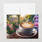 Carte Postale Une tasse de café et beau jardin de fleurs  (Devant / Derrière)