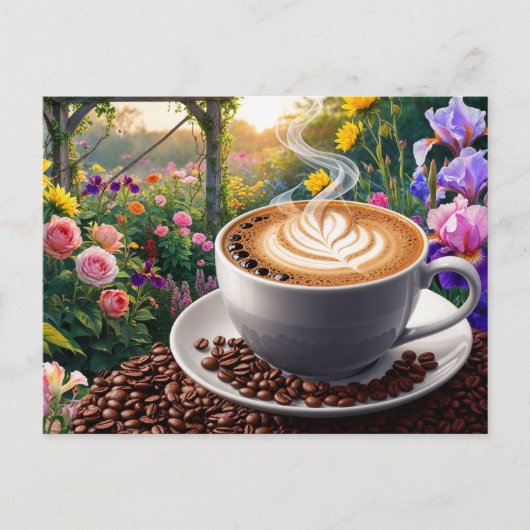 Carte Postale Une tasse de café et beau jardin de fleurs  (Devant)