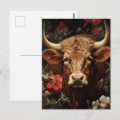 Carte Postale Une vache Brown dans les fleurs (Devant / Derrière)