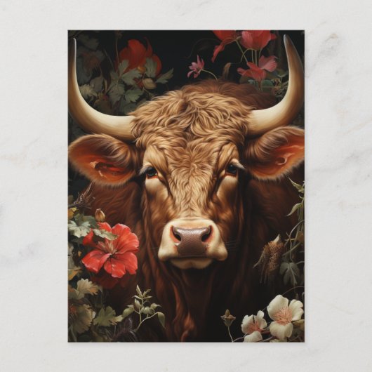 Carte Postale Une vache Brown dans les fleurs (Devant)
