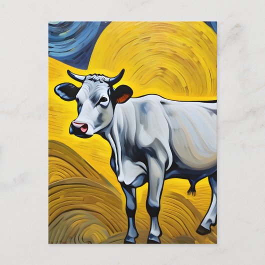 Carte Postale Une vache dans un abstrait jaune et bleu (Devant)