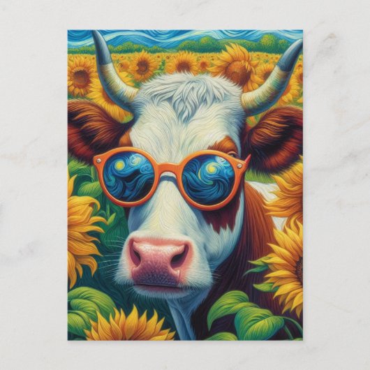 Carte Postale Une vache en lunettes de soleil dans un terrain de (Devant)