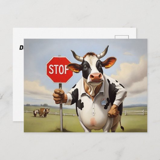 Carte Postale Une vache tenant un panneau stop (Devant / Derrière)
