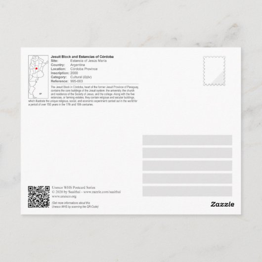 Carte Postale UNESCO - Édifice jésuite et Estancias de Cordoue (Dos)