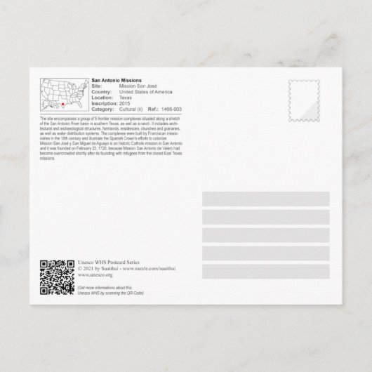 Carte Postale UNESCO - San Antonio - Mission San José (Dos)