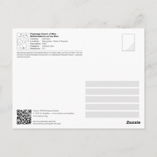 Carte Postale UNESCO WHS - Église de pèlerinage de Wies (Dos)