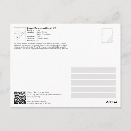 Carte Postale UNESCO WHS - Groupe de Monuments à Hampi (Dos)