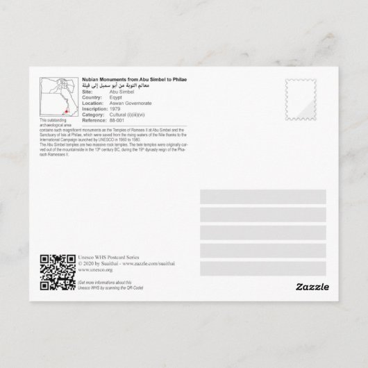 Carte Postale UNESCO WHS - Monuments Nubiens - Abu Simbel (Dos)