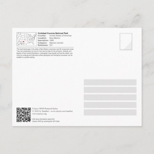 Carte Postale UNESCO WHS - Parc national des grottes de Carlsbad (Dos)
