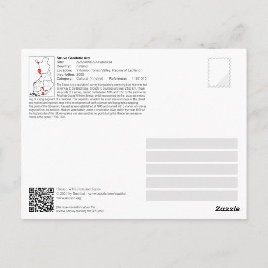 Carte Postale UNESCO WHS Struve Arc Géodétique AVASAKSA Aavasaks (Dos)