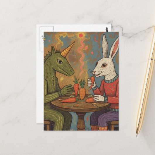 Carte Postale Unicorn and Rabbit Eating Carrots Surreal (Devant/Arrière en situation)