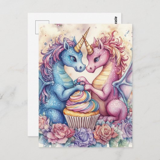 Carte Postale Unicorn Dragons With Cupcake and Flowers (Devant / Derrière)