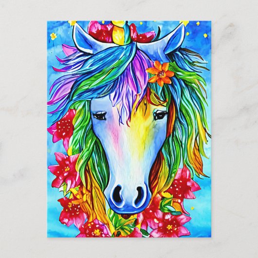 Carte Postale Unicorne Abstraite Fleurs de visage aquarelle Art (Devant)