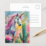 Carte Postale Unicorne Abstraite lunatique et succulents<br><div class="desc">Un tableau abstrait moderne représentant une licorne géante entourée de cactus pastel et de succulents. La licorne, peinte dans des lignes fluides et des couleurs vives, se distingue par les tons doux des roses rousses, des verts menthe et des bleus pâles des plantes du désert. Cette composition ludique et imaginative...</div>