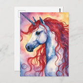 Carte Postale Unicorne avec cheveux rouges (Devant / Derrière)