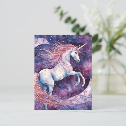 Carte Postale Unicorne avec la lune rose blanc violet (Debout devant)