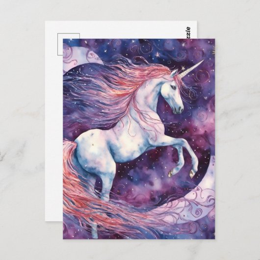 Carte Postale Unicorne avec la lune rose blanc violet (Devant / Derrière)