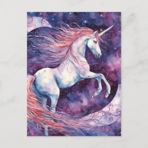 Carte Postale Unicorne avec la lune rose blanc violet