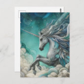 Carte Postale Unicorne avec trois pattes dans les nuages (Devant / Derrière)