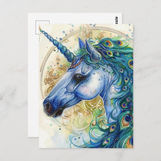 Carte Postale Unicorne bleu Peacock (Devant / Derrière)