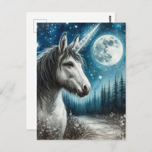 Carte Postale Unicorne dans la forêt (Devant / Derrière)