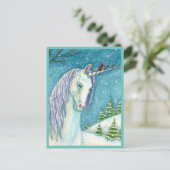 CARTE POSTALE UNICORNE D'HIVER ET OISEAUX, PAYSAGE DE NEIGE PAIS (Debout devant)