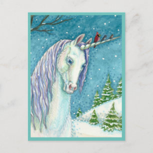 CARTE POSTALE UNICORNE D'HIVER ET OISEAUX, PAYSAGE DE NEIGE PAIS