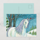 CARTE POSTALE UNICORNE D'HIVER ET OISEAUX, PAYSAGE DE NEIGE PAIS (Devant / Derrière)