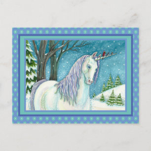 CARTE POSTALE UNICORNE D'HIVER ET OISEAUX, PAYSAGE DE NEIGE PAIS