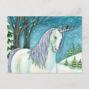CARTE POSTALE UNICORNE D'HIVER ET OISEAUX, PAYSAGE DE NEIGE PAIS