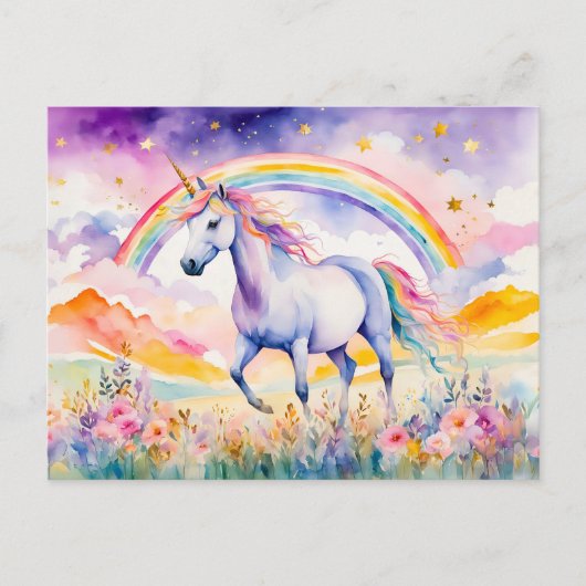 Carte Postale Unicorne Enchantée Sous Un Ciel Arc En Ciel (Devant)