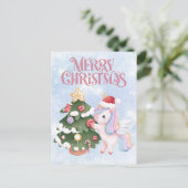 Carte Postale Unicorne Et Arbre De Noël Sur Sparkle Blue Sky (Debout devant)