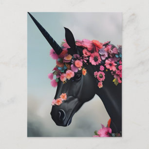Carte Postale Unicorne noire avec fleurs