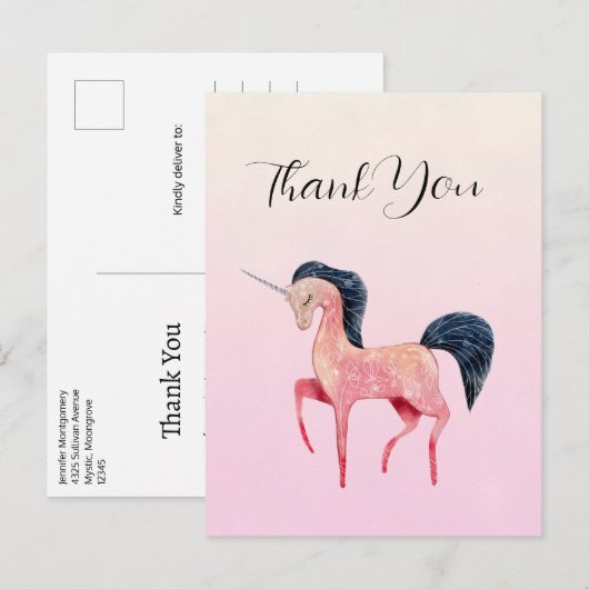 Carte Postale Unicorne nordique rose avec Merci de Mane noir (Devant / Derrière)