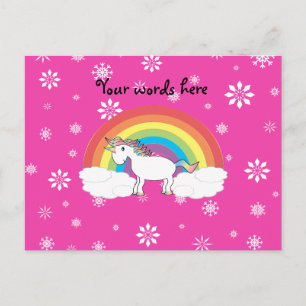 Carte Postale Unicorne sur nuages flocons de neige rose