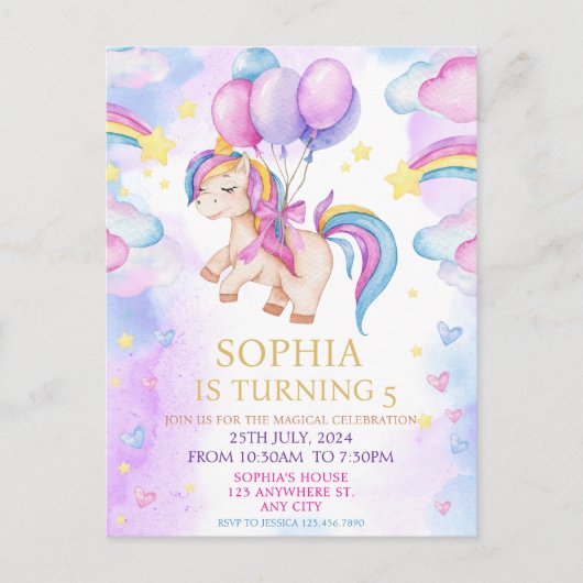 Carte Postale Unicornes magiques Purple Aquarelle fête d'anniver (Devant)